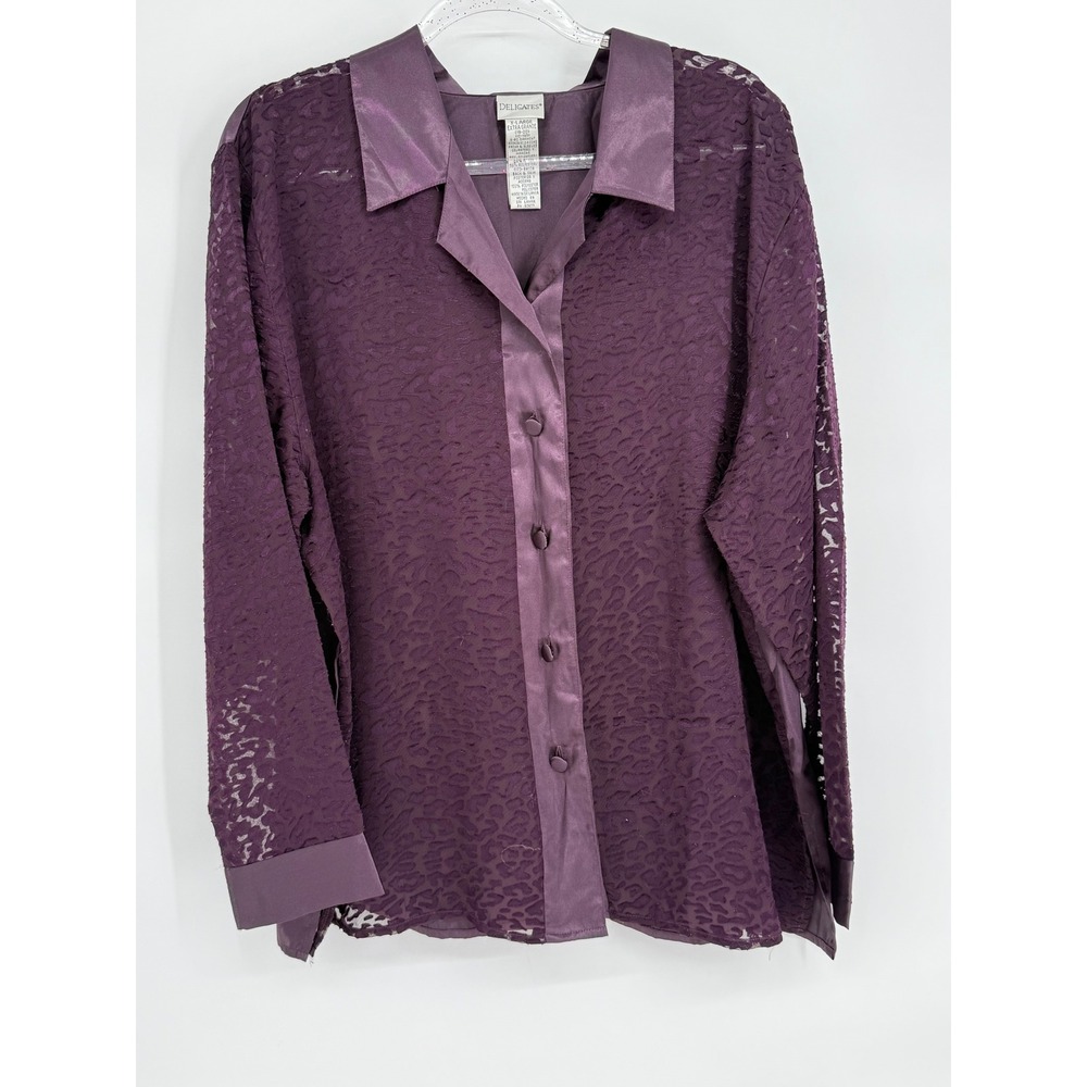 Delicates Womens Sz XL Plum Purple Leopard Lace Satin Back Button Front Blouse
